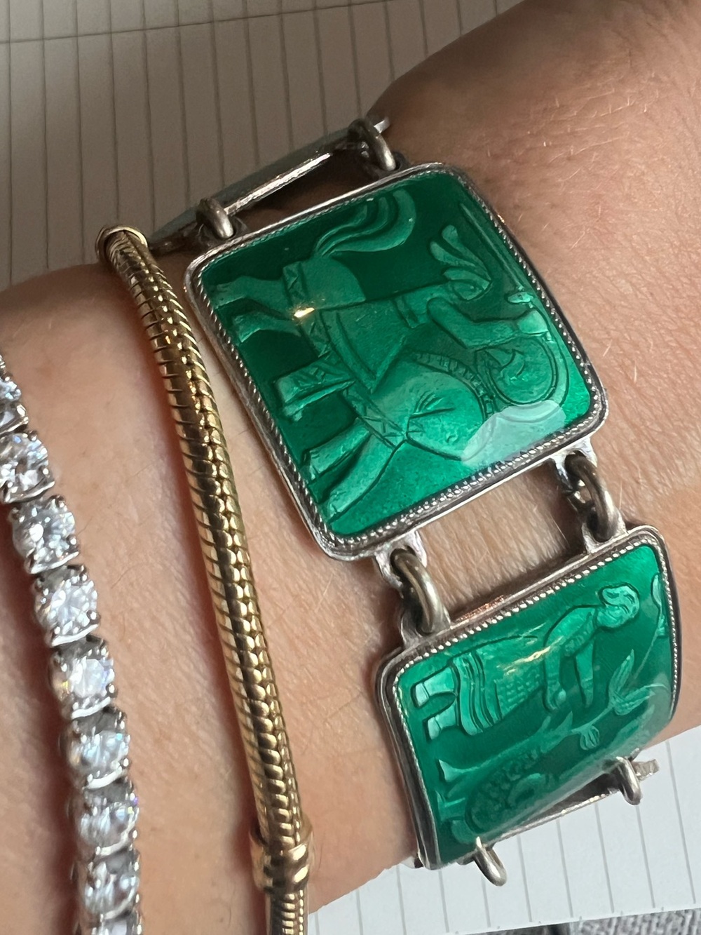 Vintage David Andersen Norwegian sterling silver and green enamel bracelet